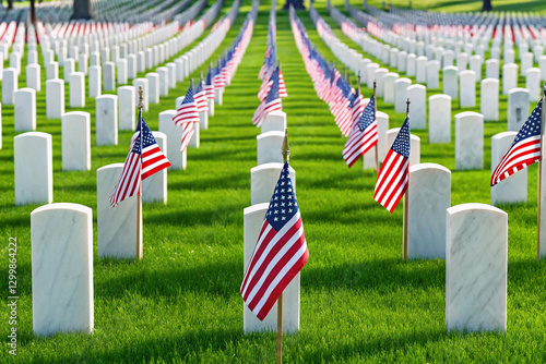 Memorial Day Cemetery with American Flags and White Headstones