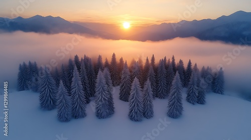 Frozen Trees at Sunrise in Mountainous Winter