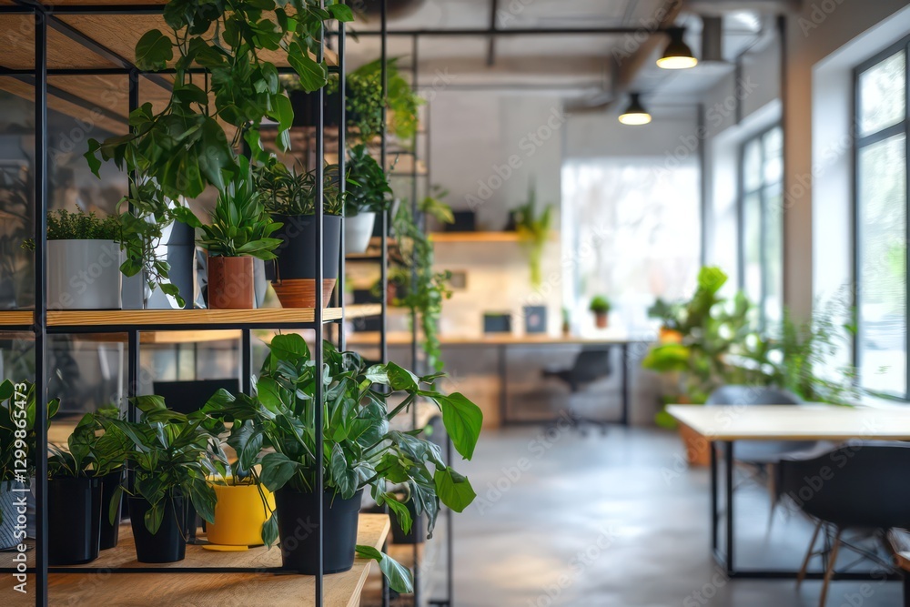 Fototapeta premium A trendy office interior featuring industrial shelving with potted plants, adding a touch of greenery to the workspace.