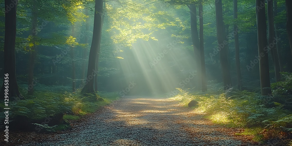 Obraz premium Sunbeams Illuminating a Mystical Forest Path