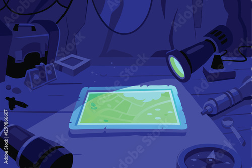 A clandestine underground hideout, dimly lit, featuring a glowing, detailed map displayed prominently on a table.  Emphasis on secrecy and mystery.