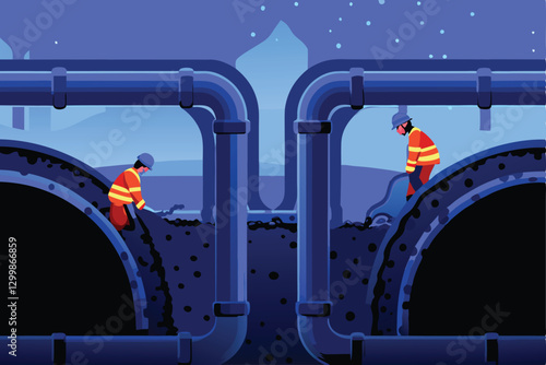 Detailed vector illustration depicting an intricate network of underground utility pipes and tunnels. Show various pipe diameters and materials.