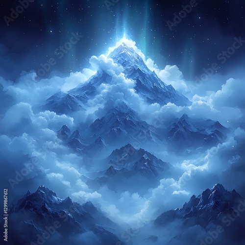 Mountain peak shining above clouds at night