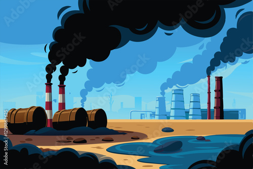 Create a vector illustration depicting a polluted industrial zone at sunset, showcasing smokestacks, smog, and decaying infrastructure.  Focus on environmental degradation.