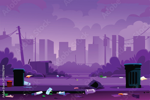 Create a vector illustration of a smoggy city skyline at twilight, featuring futuristic architecture and transportation.  Emphasize the hazy, polluted atmosphere.