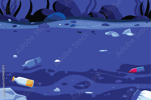 Create a detailed vector illustration depicting a polluted river scene overflowing with plastic waste, emphasizing environmental damage.