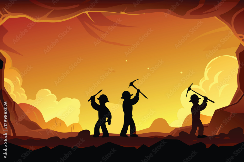 Create a vector background featuring dark silhouettes of miners at work, emphasizing hard labor and industrial themes. Include realistic details of mining tools and equipment. Create a vector background featuring dark silhouettes of miners at work, emphasizing hard labor and industrial themes. Include realistic details of mining tools and equipment.