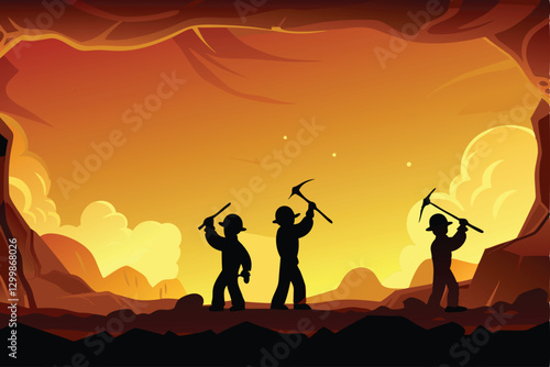 Create a vector background featuring dark silhouettes of miners at work, emphasizing hard labor and industrial themes.  Include realistic details of mining tools and equipment.