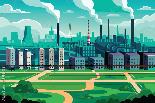 Create a detailed vector illustration of a sprawling industrial city at night, showcasing numerous factories, smokestacks, and illuminated buildings.