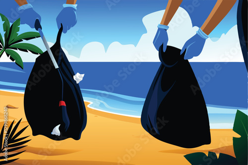 Create a vibrant vector illustration depicting a beach cleanup; volunteers collecting litter, seabirds nearby, and a clear sky.