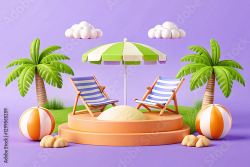 Fototapeta Naklejka Na Ścianę i Meble -  Idyllic beach scene with two striped lounge chairs under a parasol, palm trees, beach balls, and sand on a purple background.