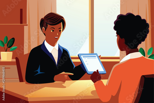 A friendly financial advisor in a suit patiently explains complex tax documents to a single attentive client.  Vector illustration.
