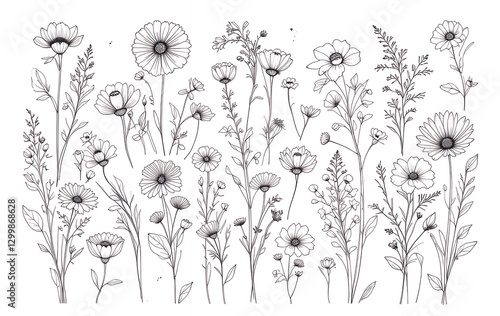 Line Art Wildflower Meadow Illustration with Daisy Flowers and Delicate Stems