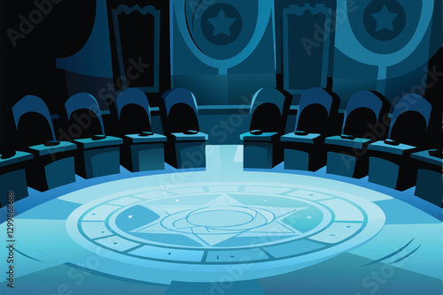 A dimly lit, imposing villain's council chamber; high-backed, ornate chairs surround a large, dark table; shadows accentuate the scene's menacing atmosphere.