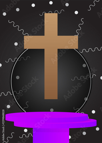 Mockup product display with Religion cross, Crucifix. Vector cylinder pedestal podium. Stage showcase for presentation. Minimal geometric forms.