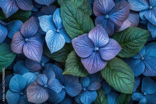 A close-up view of vibrant blue hydrangea blossoms and lush green leaves.