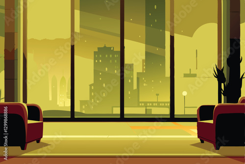 A lavish, dark penthouse apartment belonging to a villain, featuring floor-to-ceiling windows offering a breathtaking cityscape view at night.