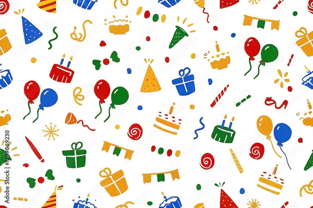 Colorful birthday party seamless pattern with cake, balloons, gifts, and confetti. Colorful birthday party seamless pattern with cake, balloons, gifts, and confetti.