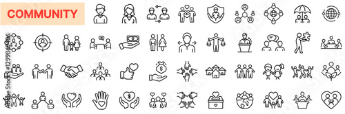 Community & Social Connection Outline Icon Bundle – Teamwork, Charity, Networking, Support
