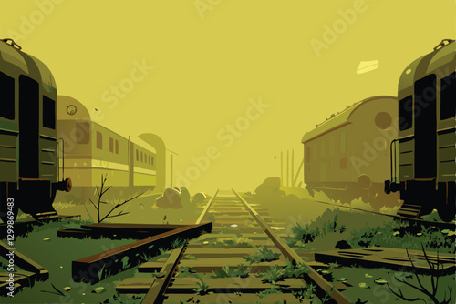 Eerie foggy sunrise over an abandoned train yard; rusted, decaying trains litter the landscape, conveying a sense of post-industrial decay.