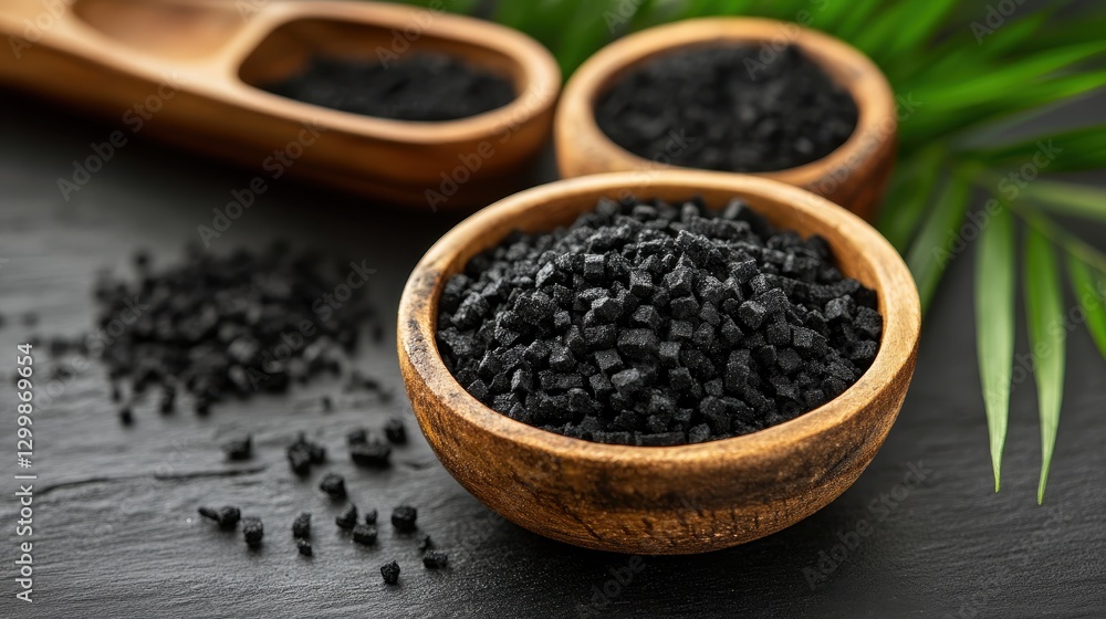 Black lava salt in wooden bowls, close-up. Perfect for culinary, health, or spa themes, showcases texture and color. Black lava salt in wooden bowls, close-up. Perfect for culinary, health, or spa themes, showcases texture and color.