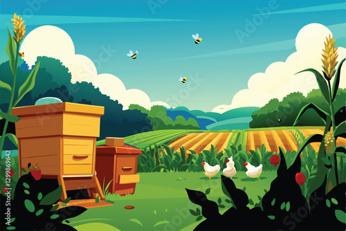 Vibrant biodiverse farm scene beehives, free-range chickens, abundant vegetable garden, sustainable agriculture.