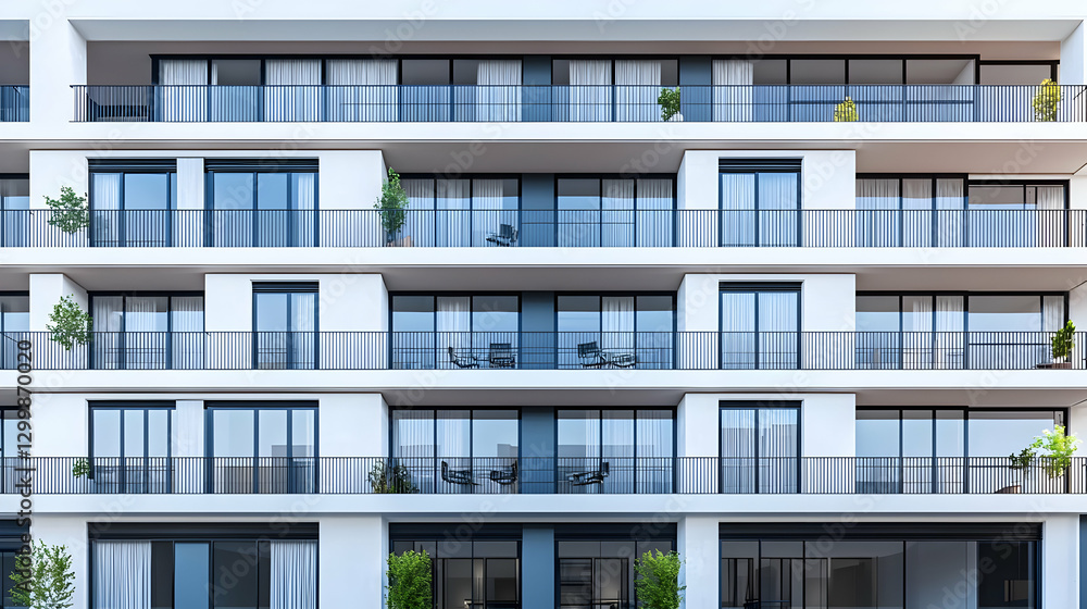 Modern Apartment Building Facade With White Walls Blue Glass Balconies And Lush Green Plants Modern Apartment Building Facade With White Walls Blue Glass Balconies And Lush Green Plants