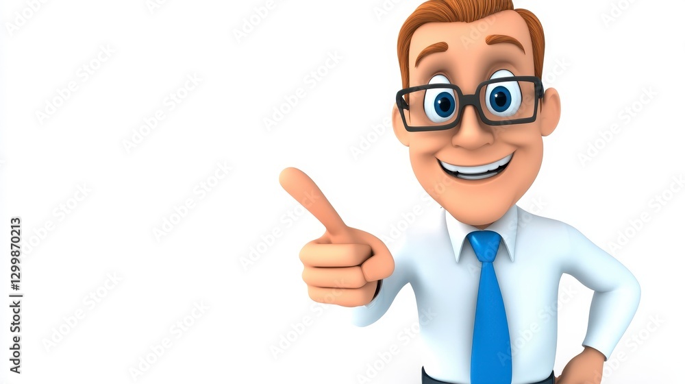 Friendly Cartoon Character Pointing in Business Attire Smiling Friendly Cartoon Character Pointing in Business Attire Smiling
