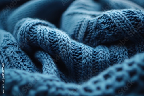 Close-up of textured blue knitted fabric. Ideal for textile, fashion, and winter themes.