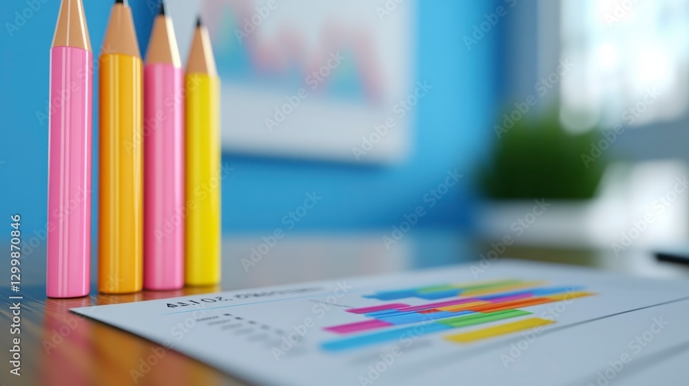 Colorful Pencils on a Table with Chart and Blue Background Colorful Pencils on a Table with Chart and Blue Background