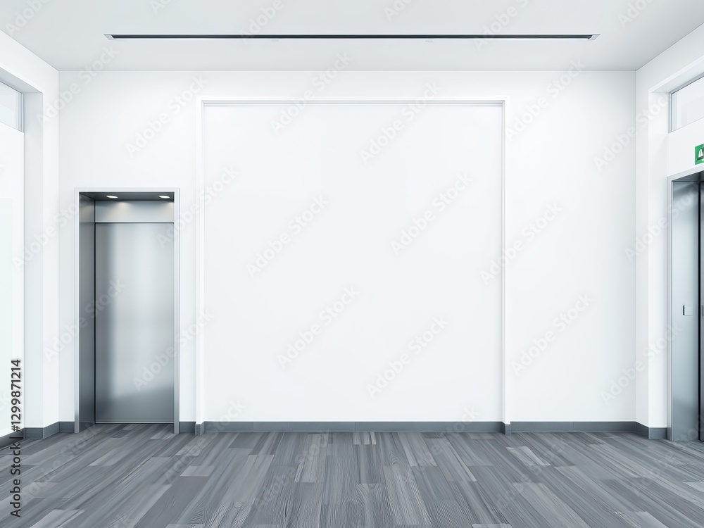 Fototapeta premium Minimalist empty office space with bright white walls and contrasting black door for professional use