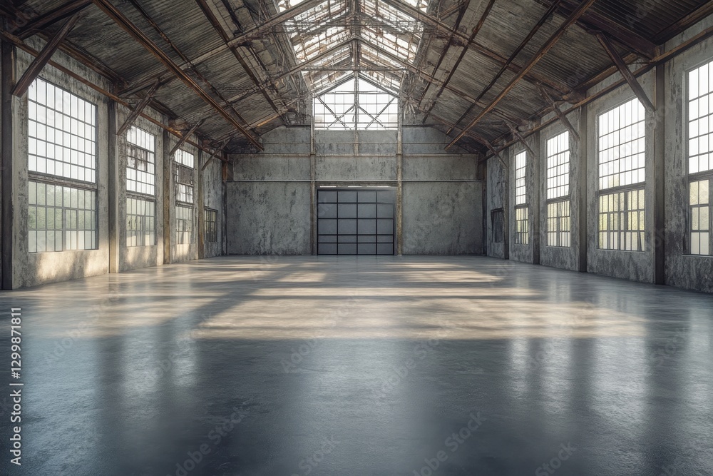 Vast empty industrial warehouse space with large windows and high ceilings. Ideal for showcasing products, designs, or creating a sense of spaciousness. Vast empty industrial warehouse space with large windows and high ceilings. Ideal for showcasing products, designs, or creating a sense of spaciousness.