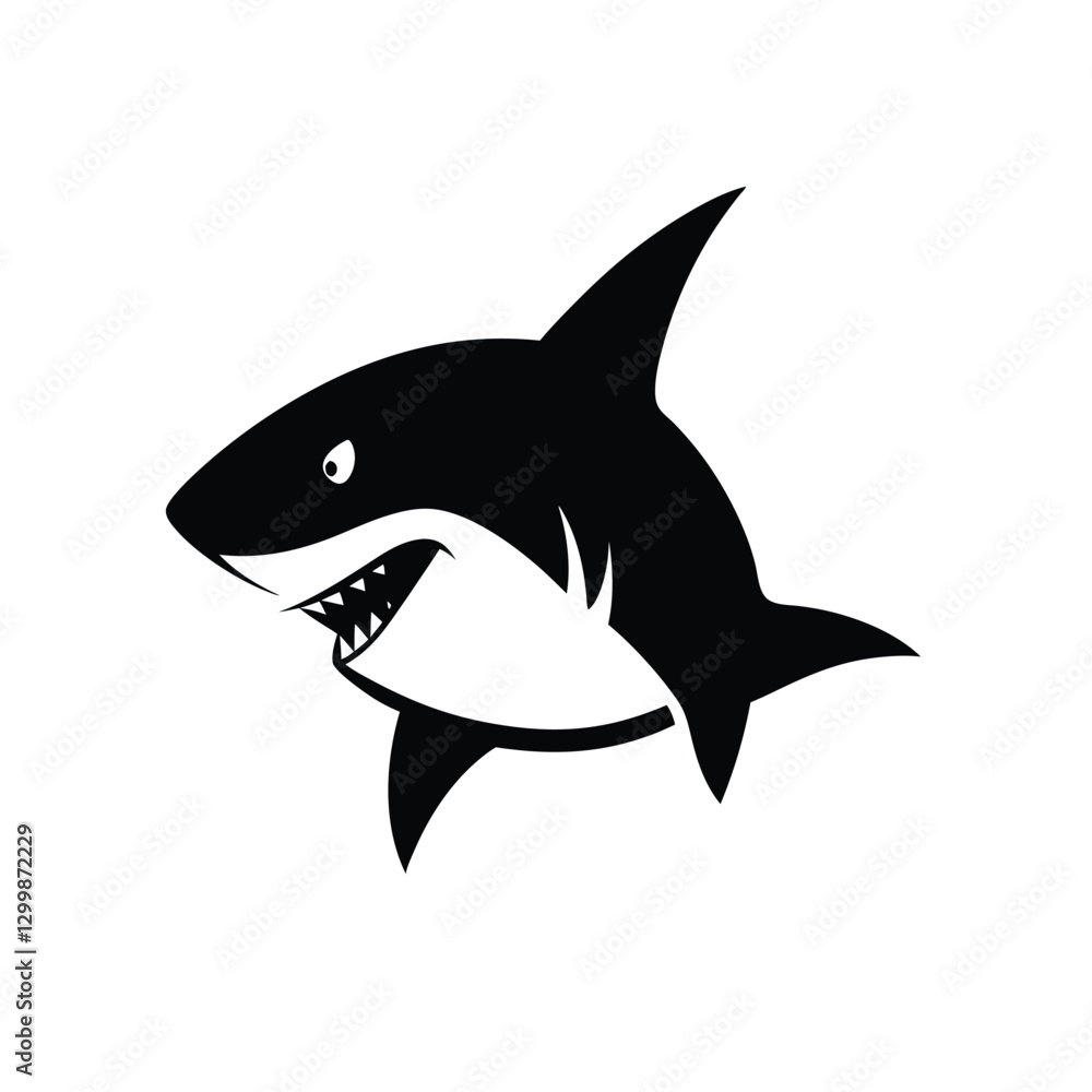 Fototapeta premium A bold shark head silhouette on a white background, perfect for marine-themed designs, logos, tattoos, and branding.