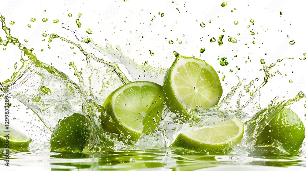 A refreshing burst of lime juice, splashing dynamically against a white background. A refreshing burst of lime juice, splashing dynamically against a white background.