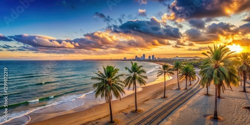 Fototapeta Naklejka Na Ścianę i Meble -  Panoramic view of Melbourne's beach at sunset with palm trees swaying gently in the breeze, overlooking the turquoise ocean and sandy shoreline , scenery, tranquility