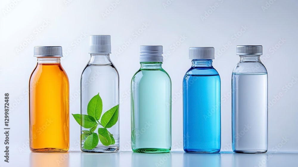 Colorful Bottles of Liquids with Natural Elements on Light Background Colorful Bottles of Liquids with Natural Elements on Light Background
