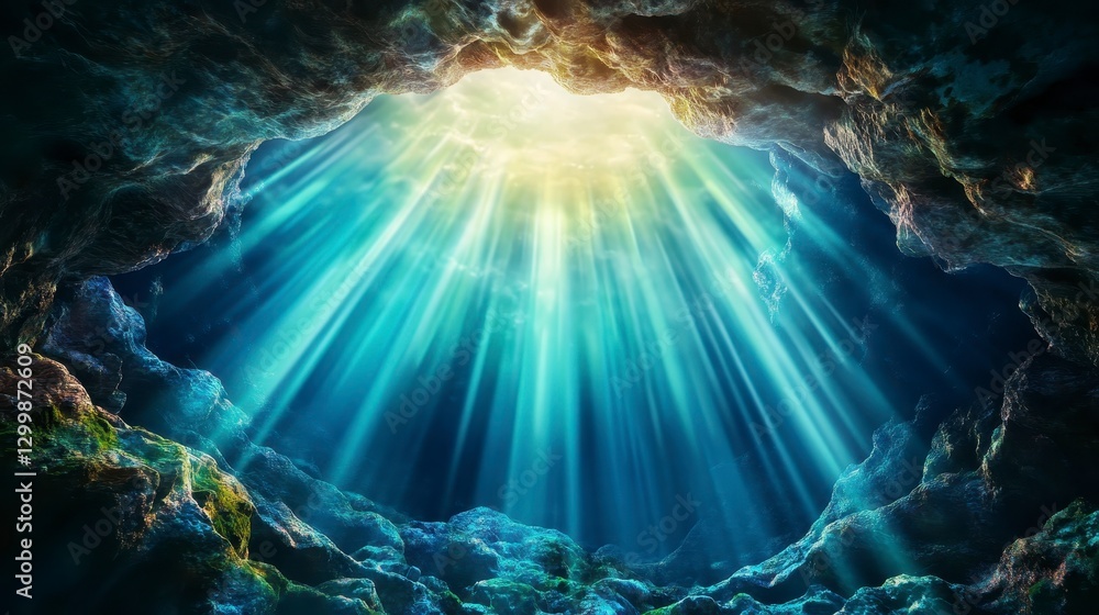 Fototapeta premium Light Rays Illuminating Underwater Cave with Vibrant Blue Water