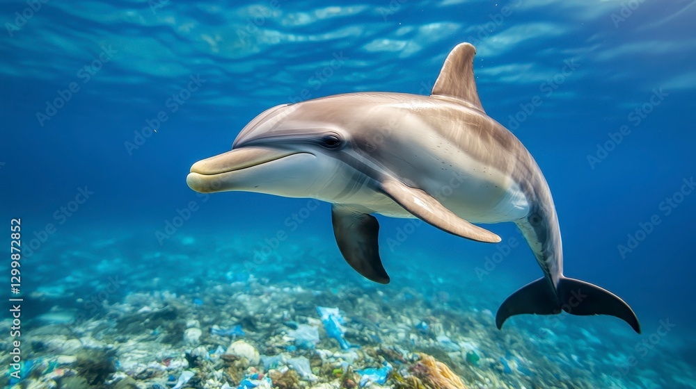 Naklejka premium Dolphin Swimming Gracefully Underwater in Clear Blue Water