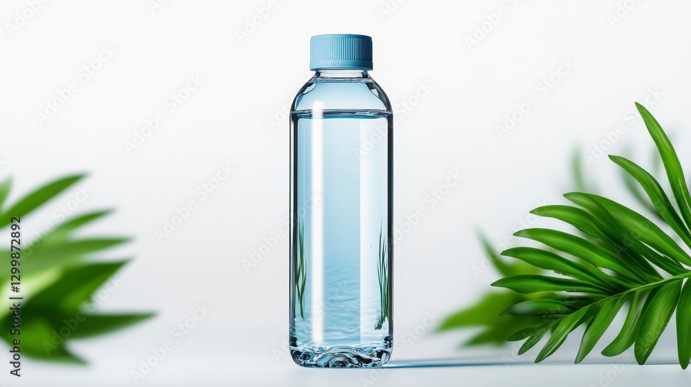 Clear Water Bottle Surrounded by Green Leaves on Light Background Clear Water Bottle Surrounded by Green Leaves on Light Background
