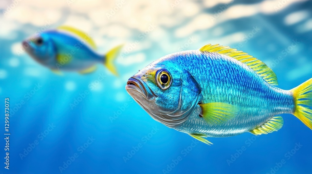 Naklejka premium Vibrant Blue and Yellow Fish Swimming in Clear Marine Water