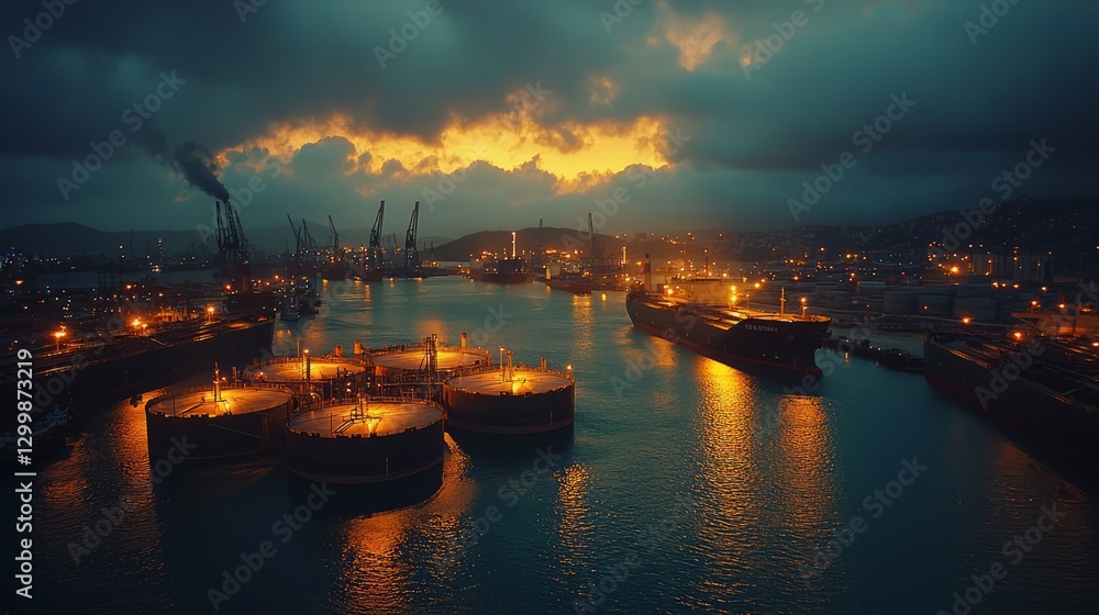 Fototapeta premium Nighttime Harbor with Illuminated Ships and Cranes