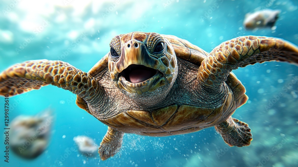 Obraz premium Playful Sea Turtle Swimming Gracefully Underwater in Clear Ocean