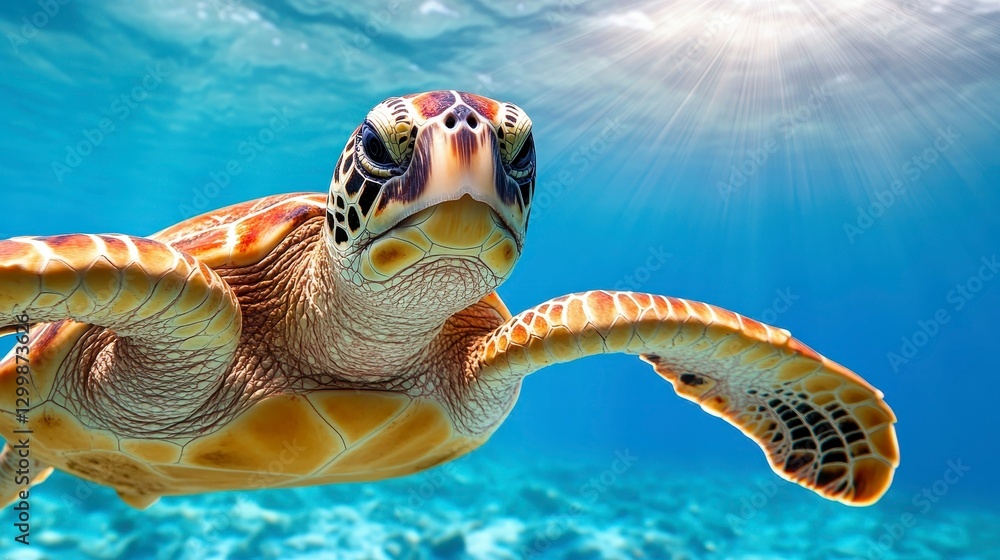 Obraz premium Majestic Sea Turtle Gliding Through Crystal Clear Ocean Waters