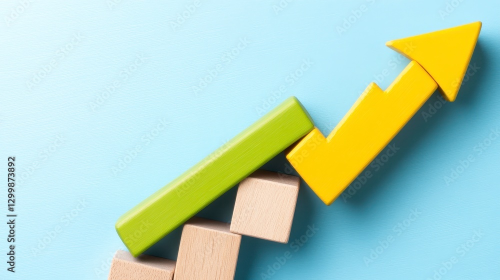 Growth Concept with Colorful Blocks and Arrow on Blue Background Growth Concept with Colorful Blocks and Arrow on Blue Background