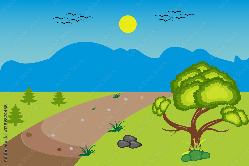 Obraz premium A scenic countryside landscape with a dirt road, lush greenery, and a bright sunny sky—ideal for backgrounds and prints.