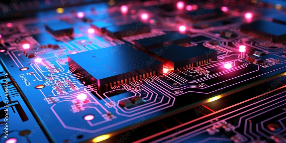 close-up of illuminated circuit board with neon pink and blue lights Minimalistic Photo close-up of illuminated circuit board with neon pink and blue lights Minimalistic Photo
