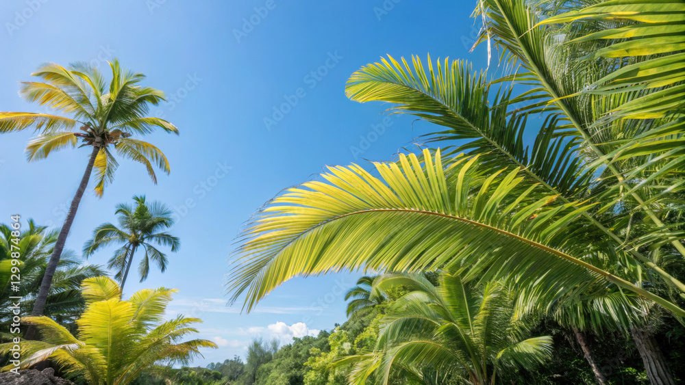 Fototapeta premium Lush tropical scene with palm trees against a clear blue sky.