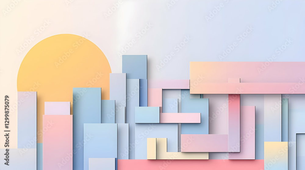 Fototapeta premium Abstract Geometric Cityscape Design With Pastel Colors And Sun In The Sky
