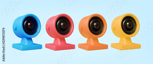 3D vector illustration rendering of blue, red, orange, yellow webcam camera icon. Modern design isolated on light background. Technology concept, digital communication, online meeting, live streaming.