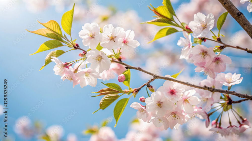 Cherry blossoms against a blue sky in full bloom. Cherry blossoms against a blue sky in full bloom.